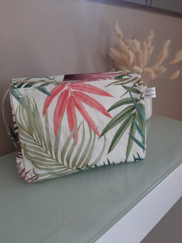 Trousse de toilette estivale en coton imprimé tropical, avec fermeture zippée, cousue main en Bretagne