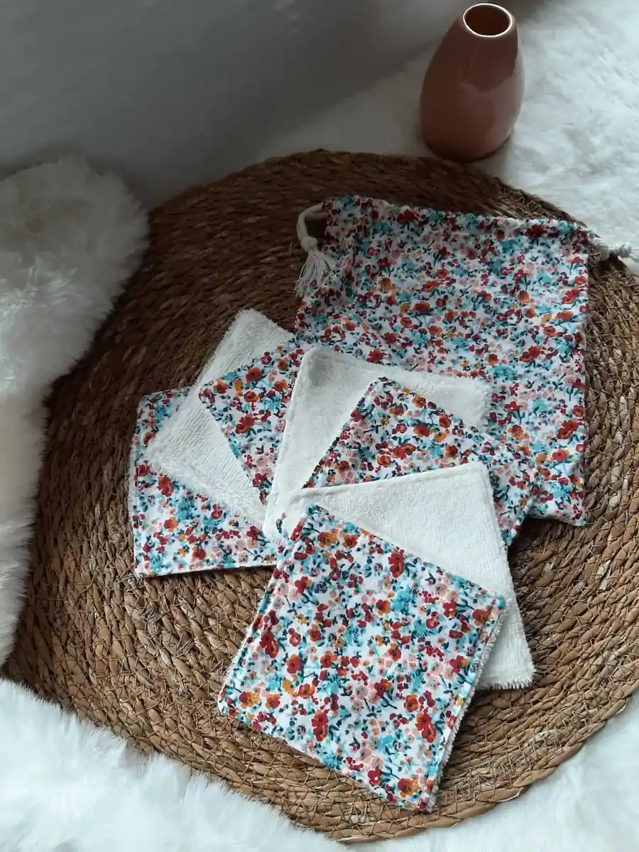 Pochon assorti et 7 lingettes lavables en bambou, réutilisables pour bébé ou soin du visage