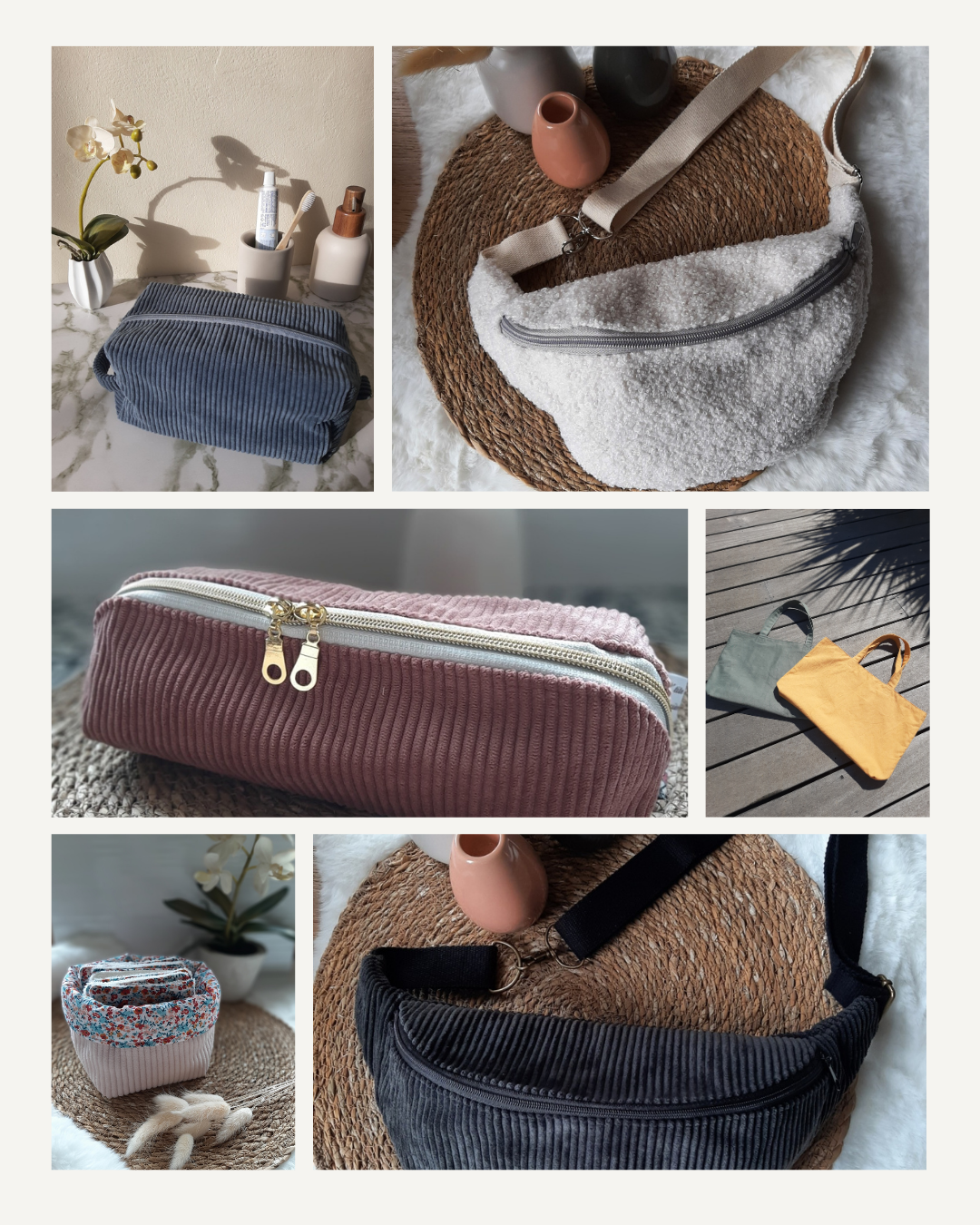 Ensemble de sacs et trousses en matières douces et colorées, mis en scène dans une lumière naturelle, collection Dernière Chance de La P’tite Garçonnière