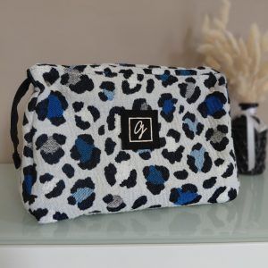 Trousse de toilette femme bleu fauve assortie au sac week-end Toscane, en jacquard et coton enduit, fabriquée en petite série en Bretagne – La P’tite Garçonnière